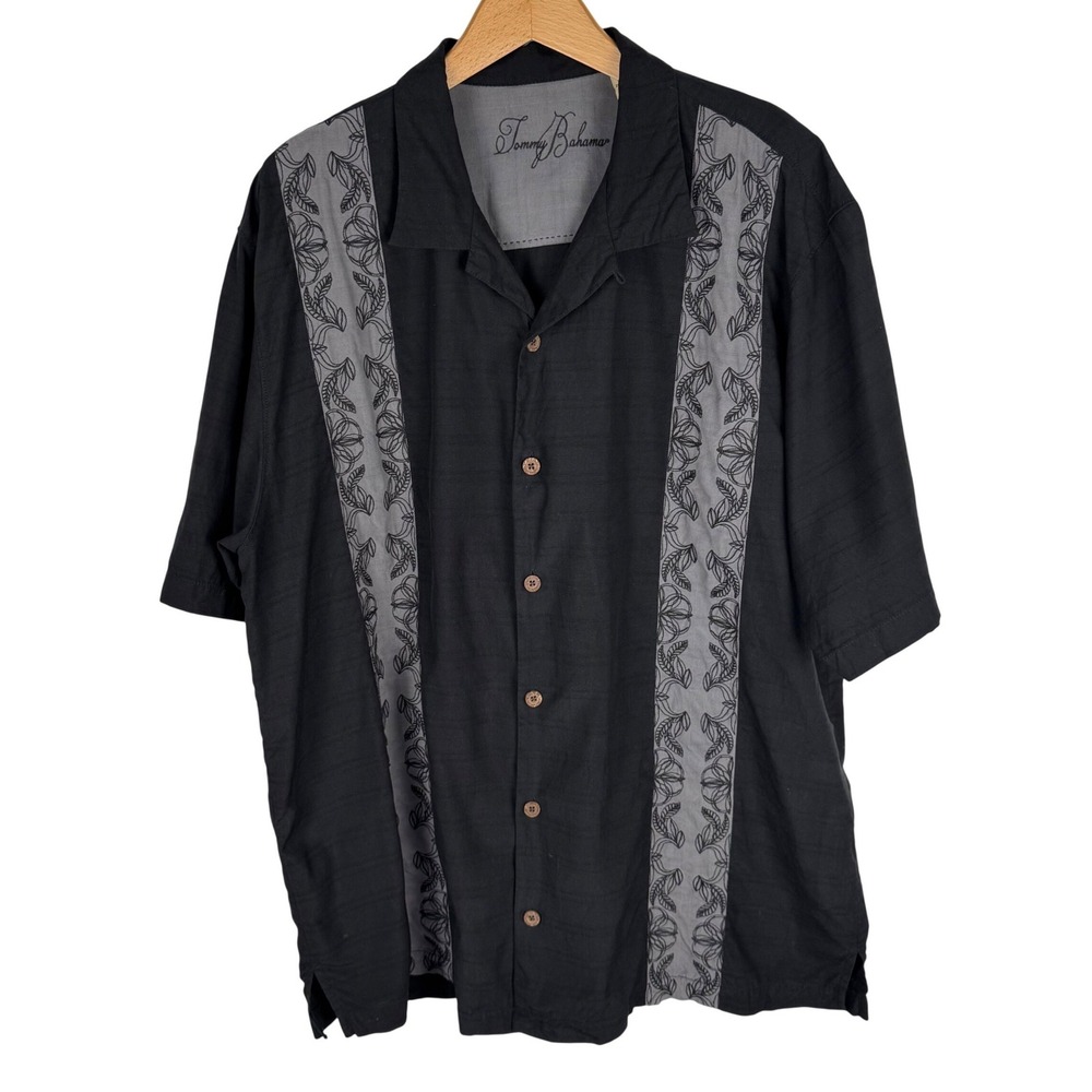 Tommy Bahama Mens XL Silk Blend Embroidered Floral Panel Camp Shirt Black Grey - Picture 4 of 5